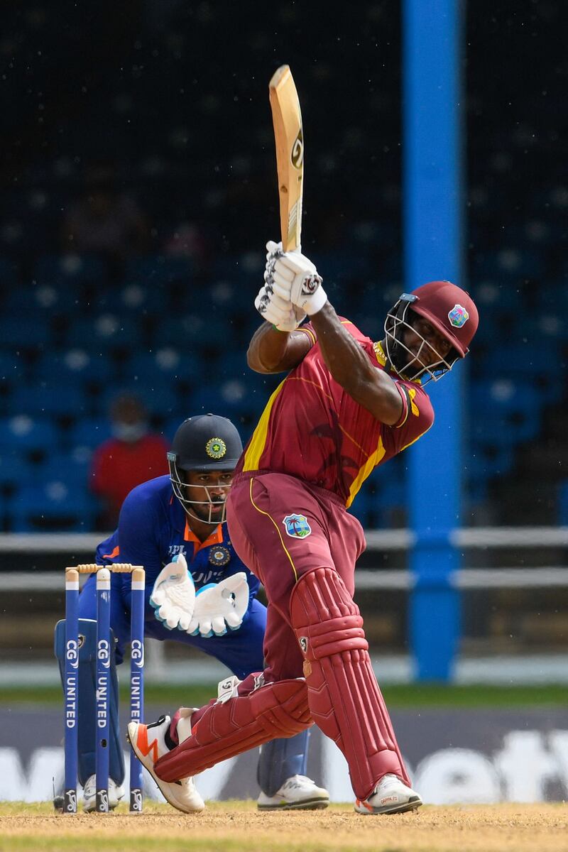 Kyle Mayers of West Indies hits six during the first ODI. AFP