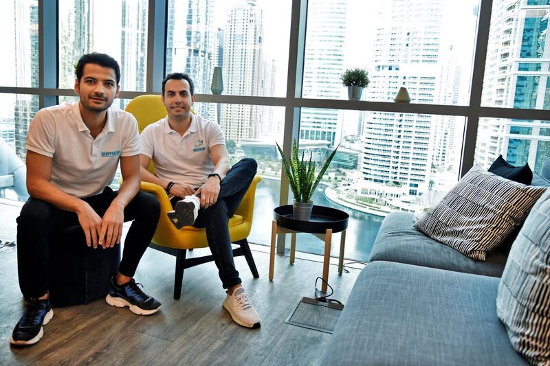 Kerem Kuyucu, left, and AliCagatay Ozcan, founders of Justmop pose for photos inside their office at Jumeirah Lake Towers, Dubai, UAE, Wednesday, Feb. 12, 2020. The two have now transformed their marketplace into a super app and expanded into 4 GCC countries. Photos by Shruti Jain The National