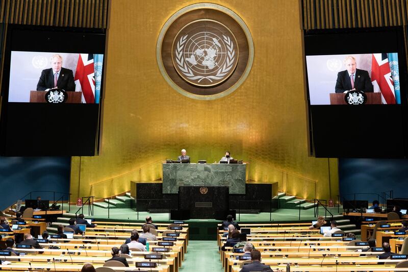 In this photo provided by the United Nations, British Prime Minister, Boris Johnson, speaks in a pre-recorded message which was played during the 75th session of the United Nations General Assembly, September 26, at the UN headquarters. Evan Schneider/UN Photo via AP