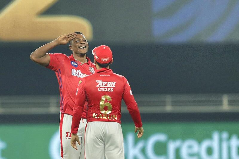 Sheldon Cottrell of Kings XI Punjab  took a wicket and celebrates the wicket during match 2 of season 13 of Dream 11 Indian Premier League (IPL) between Delhi Capitals and Kings XI Punjab held at the Dubai International Cricket Stadium, Dubai in the United Arab Emirates on the 20th September 2020.  Photo by: Saikat Das  / Sportzpics for BCCI