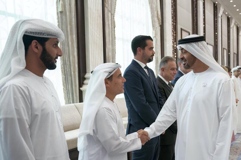 ABU DHABI, UNITED ARAB EMIRATES - May 21, 2019: HH Sheikh Mohamed bin Zayed Al Nahyan, Crown Prince of Abu Dhabi and Deputy Supreme Commander of the UAE Armed Forces (R), receives Special Olympics sponsors during an iftar reception at Al Bateen Palace.

( Eissa Al Hammadi for the Ministry of Presidential Affairs )
---
