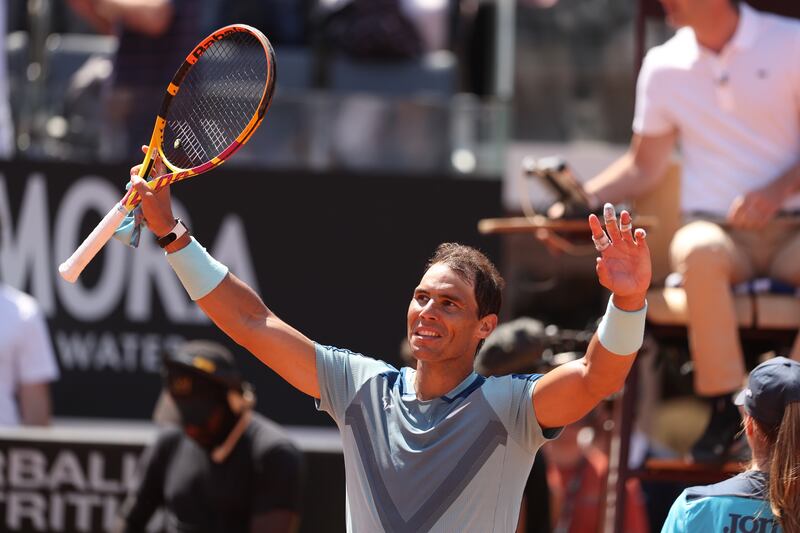 Rafael Nadal celebrates after his 6-3, 6-1 victory over John Isner at the Italian Open in Rome on Wednesday, May 11, 2022. Getty