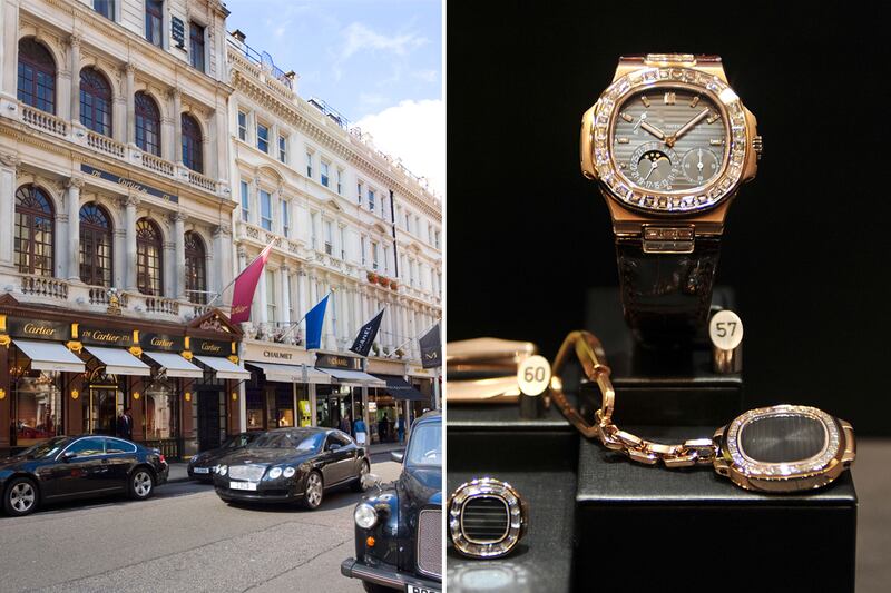 The gang operated in Mayfair, left, and other central London areas, snatching watches by brands including Patek Philippe, right. Alamy / Getty Images