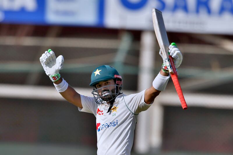 Pakistan's Mohammad Rizwan celebrates after completing 50 runs on the fifth day of the second Test. AP