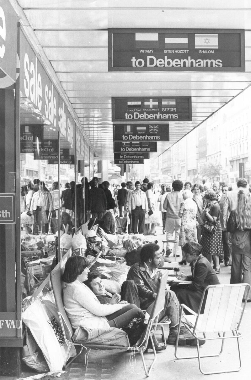 1978:  Crowds on the pavement outside Debenhams department store wait for the sale to begin.  (Photo by Evening Standard/Getty Images)