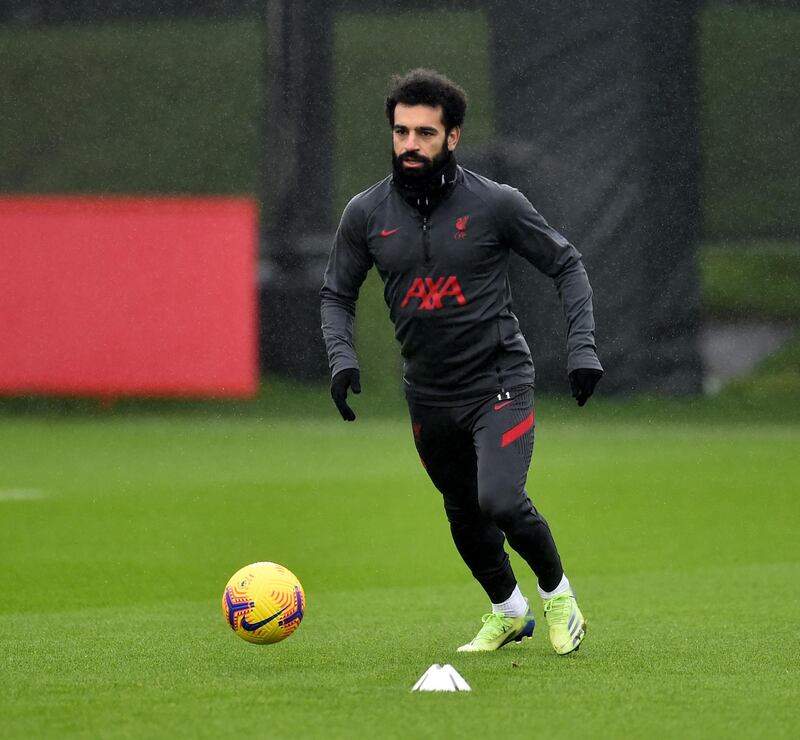 KIRKBY, ENGLAND - JANUARY 13: (THE SUN OUT, THE SUN ON SUNDAY OUT) Mohamed Salah of Liverpool during a training session at AXA Training Centre on January 13, 2021 in Kirkby, England. (Photo by Andrew Powell/Liverpool FC via Getty Images)