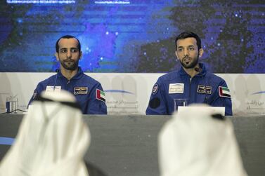 Emirati astronauts Hazza Al Mansouri, L, and Sultan Al Neyadi, R, at a press conderence in Dubai in February this year. Reem Mohammed / The National