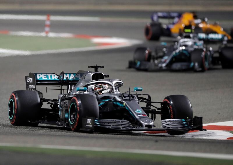 Mercedes driver Lewis Hamilton of Britain steers his car during the Baharain Formula One Grand Prix at the Bahrain International Circuit in Sakhir, Bahrain, Sunday, March 31, 2019. (AP Photo/Luca Bruno)