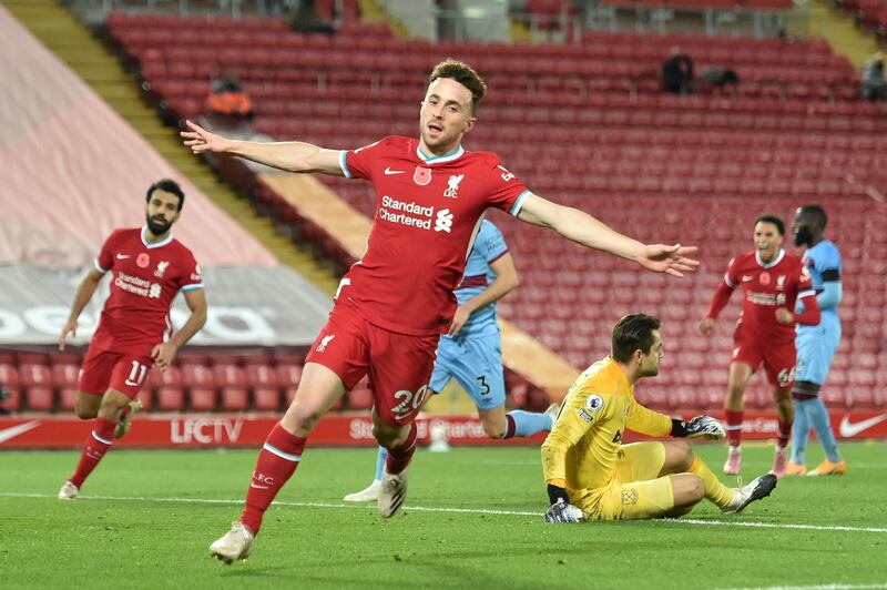 Liverpool's Portuguese striker Diogo Jota celebrates scoring his team's second goal. EPA