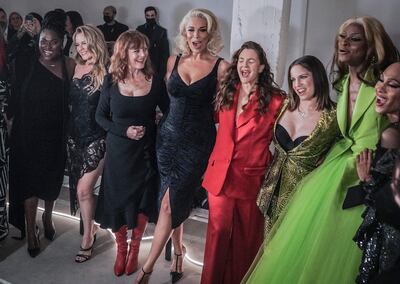 Celebrities who attended Christian Siriano's autumn/winter 2022 New York Fashion Week show, from left to right: Danielle Brooks, Alicia Silverstone, Susan Sarandon, Hannah Waddingham, Drew Barrymore, Anna Chlumsky, Symone and MJ Rodriguez. AP Photo