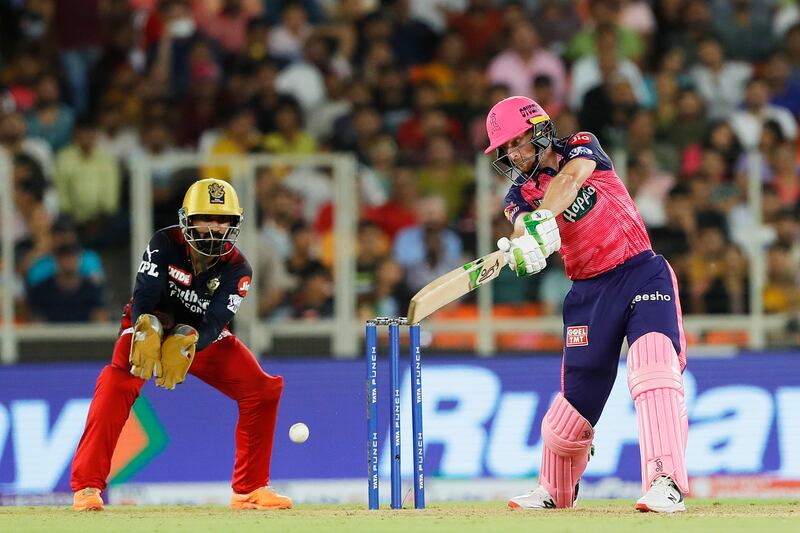 Jos Buttler of Rajasthan Royals scored an unbeaten century against Royal Challengers Bangalore at the Narendra Modi Stadium in Ahmedabad on Friday, May 27, 2022. Sportzpics for IPL