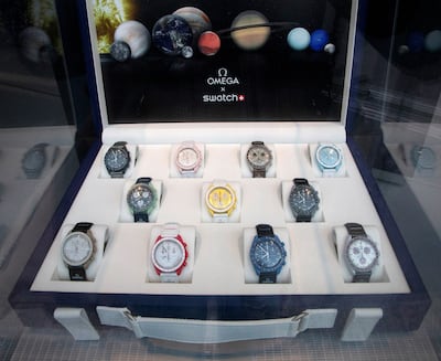 The Swiss X Omega Bioceramic Moonswatch collection in a commemorative case, in Zurich, Switzerland. Reuters 