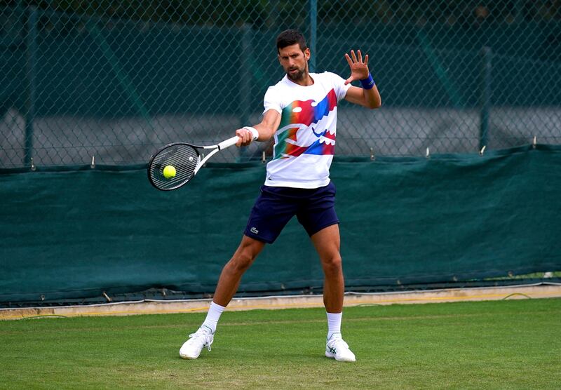 World No 2 Novak Djokovic during a practice session at Wimbledon on Saturday, June 25. AP