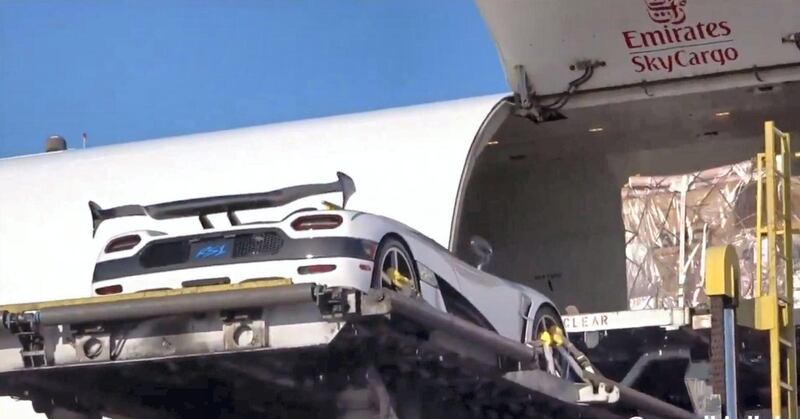 Screengrab of a video tweeted out by Emirates. A Koenigsegg 2018 Agera RS1 owned by Whitesse is transported by Emirates SkyCargo.
