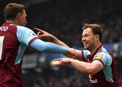 BURNLEY, ENGLAND - MARCH 03:  Ashley Barnes of Burnley celebrates scoring his side's first goal with Chris Wood during the Premier League match between Burnley and Everton at Turf Moor on March 3, 2018 in Burnley, England.  (Photo by Gareth Copley/Getty Images)