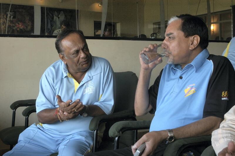 INDIA - SEPTEMBER 12:  EAS Prasanna, former Indian Test cricketer along with Subhash Chandra Goel, Chairman of Zee Telefilms Limited and promoter of Essel Group of Companies at press conference in Chennai, Tamil Nadu, India ( Players of the ICL at Maayajal on the outskirts, Camp is in progress )  (Photo by Hk Rajashekar/The India Today Group/Getty Images)