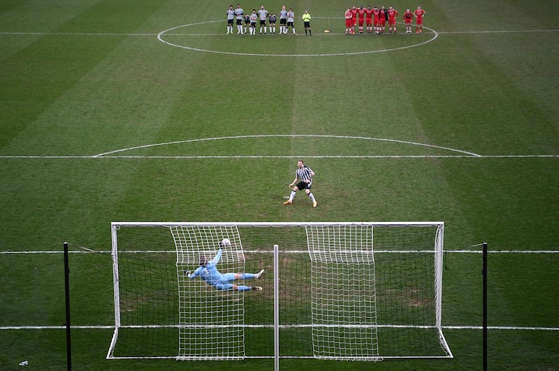 Hornchurch goalkeeper Joseph Wright saves a penalty from Jake Reeves of Notts County during the  FA Trophy semi-final  at Meadow Lane on Saturday, March 27. The match finished 3-3, with Hornchurch winning 5-4 in the penalty shottout. Getty