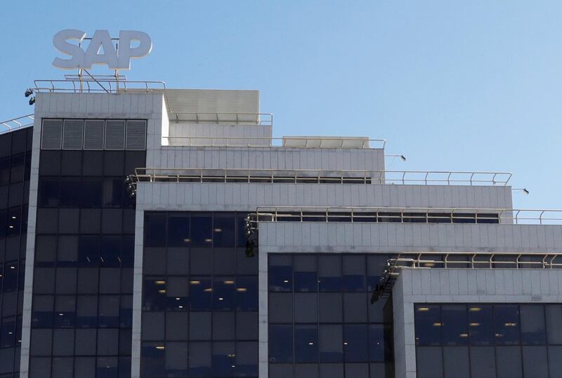 FILE PHOTO: A view shows a sign with the logo of SAP software company on the roof of an office building in Moscow, Russia April 23, 2018. Picture taken April 23, 2018. REUTERS/Tatyana Makeyeva/File Photo