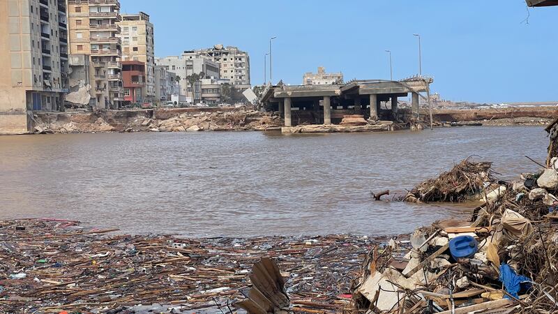 Parts of the collapsed bridge of the Derna Valley following the devastating floods caused by Storm Daniel. Ismaeel Naar / The National