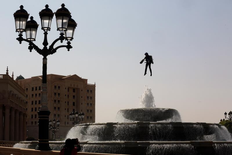 British inventor Richard Browning uses a jet pack to display his technology at the Ritz Carlton Hotel where the Future Investment Initiative forum is being held in Riyadh, Saudi Arabia. AP Photo