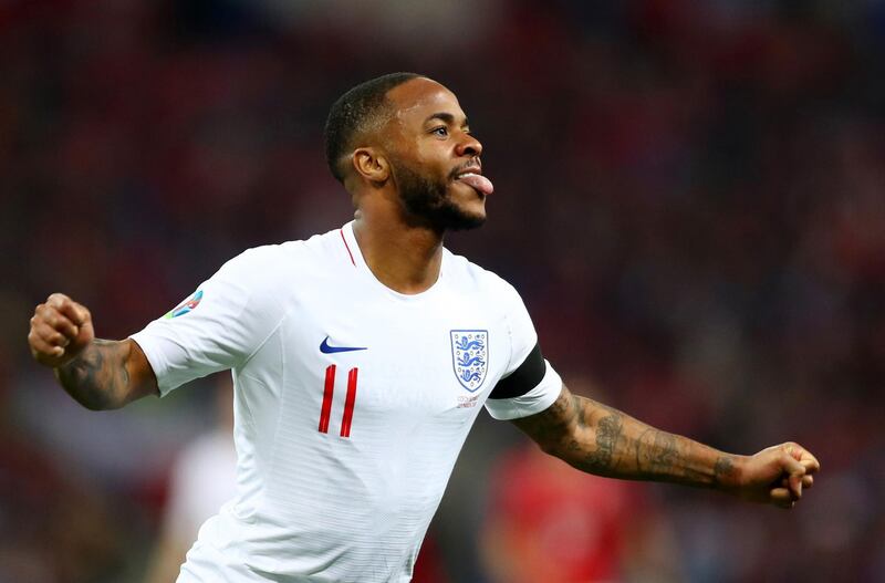 LONDON, ENGLAND - MARCH 22:  Raheem Sterling of England celebrates as he scores his team's fourth goal and completes his hat trick during the 2020 UEFA European Championships Group A qualifying match between England and Czech Republic at Wembley Stadium on March 22, 2019 in London, United Kingdom. (Photo by Clive Rose/Getty Images)