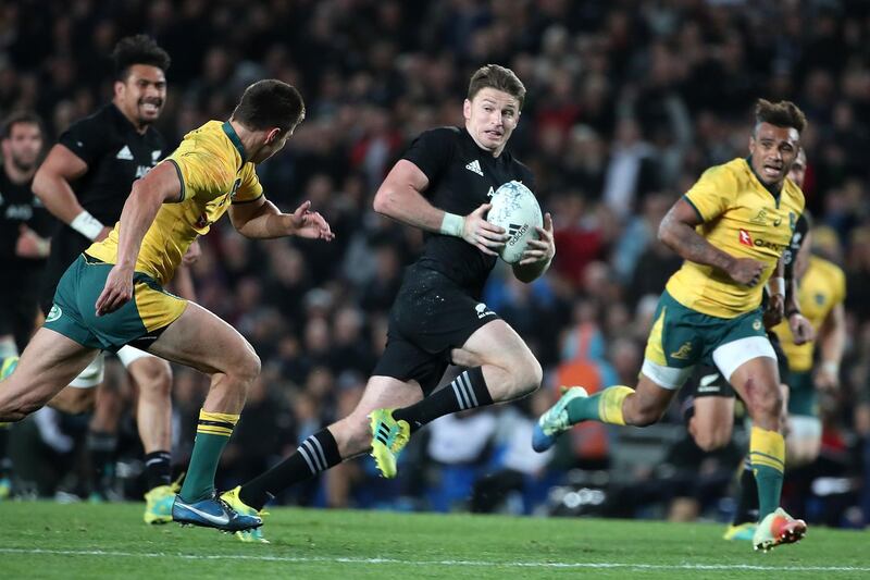 AUCKLAND, NEW ZEALAND - AUGUST 25:  Beauden Barrett of the All Blacks scores a try during The Rugby Championship game between the New Zealand All Blacks and the Australia Wallabies at Eden Park on August 25, 2018 in Auckland, New Zealand.  (Photo by Fiona Goodall/Getty Images)