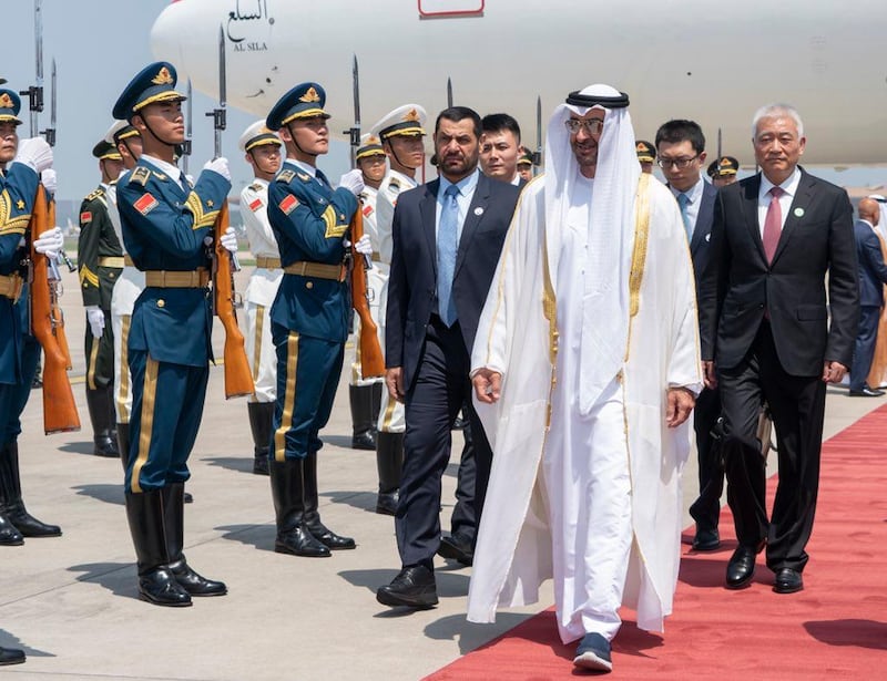 Sheikh Mohamed bin Zayed, Crown Prince of Abu Dhabi and Deputy Supreme Commander of the UAE Armed Forces, arrives in Beijing, China, on Sunday. Rashed Al Mansoori / Ministry of Presidential Affairs