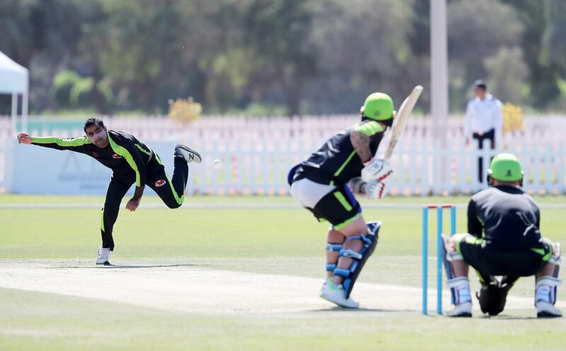 ABU DHABI, UNITED ARAB EMIRATES , Nov 13  – 2019 :- Sultan Ahmed of  Qalandars T10 cricket team bowling during the training session held at Sheikh Zayed Cricket Stadium in Abu Dhabi. ( Pawan Singh / The National )  For Sports. Story by Paul