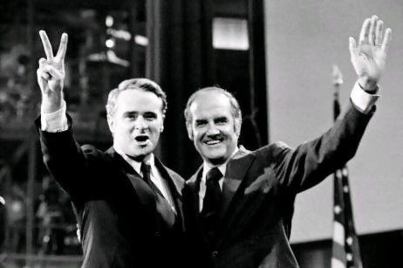 Thomas Eagleton, left, and George McGovern, then a presidential candidate, at the Democratic National Convention in Miami Beach, Florida.
