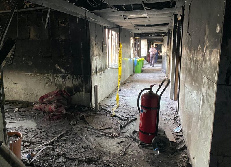 The intensive care unit of the Ibn al-Khatib hospital is damaged following a fire that broke out of last Saturday evening killing over 80 people and injuring over 100, in Baghdad, Iraq, Tuesday, April 27, 2021. Medical staff who witnessed the first moments of a Baghdad hospital fire described horrific scenes: deafening screams, a patient who jumped to his death to escape the inferno and relatives who died because they refused to abandon coronavirus patients tethered to ventilators. (AP Photo/Khalid Mohammed)