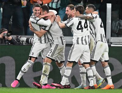 Federoico Gatti celebrates with teammates after scoring for Juventus in their Europa League quarter-final first-leg win over Sporting, on April 13, 2023. EPA