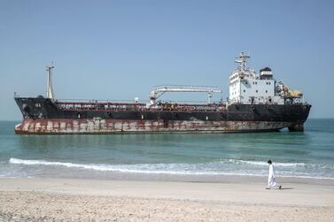 The ‘Mt Iba’ ran aground off the public beach in Umm Al Quwain on Friday. Antonie Robertson / The National