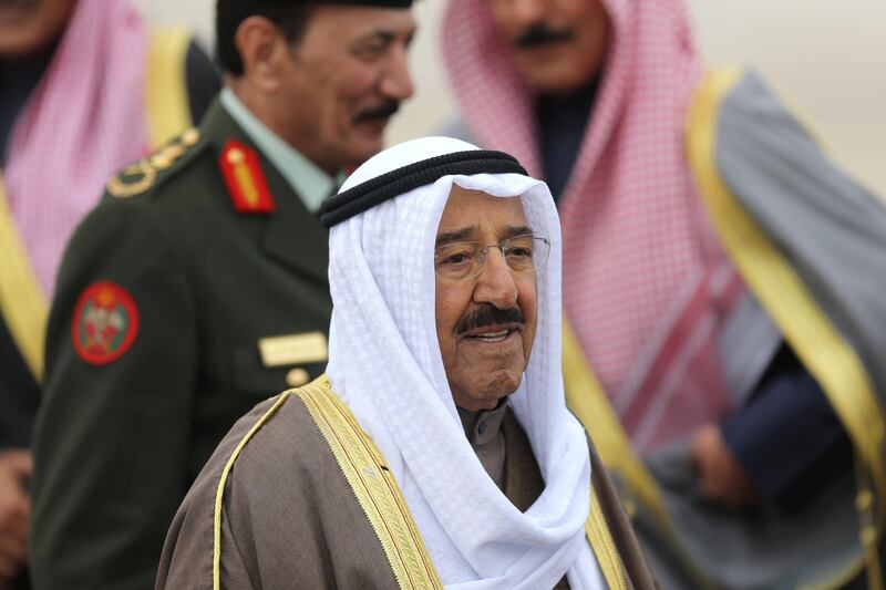 AMMAN, JORDAN- FEBRUARY 23: Emir of Kuwait Sheikh Sabah Al-Ahmad Al-Jaber Al-Sabah arrives for a visit to Amman for talks with King Abdullah II of Jordan on February 23, 2015 in Amman, Jordan. During their meeting, the two leaders are expected to discuss regional developments as well as strengthening their economic relationship. (Photo by Jordan Pix/ Getty Images)
