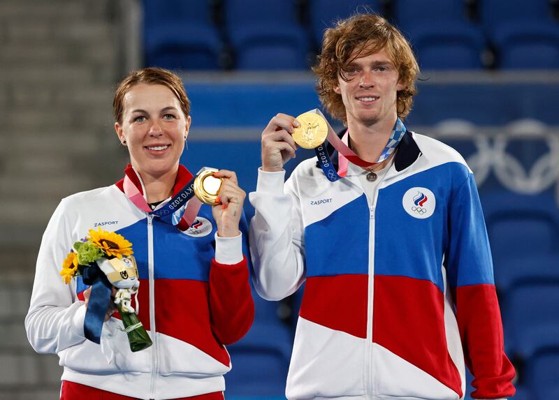 Anastasia Pavlychenkova and Andrey Rublev of the Russian Olympic Committee won gold in tennis' mixed doubles.