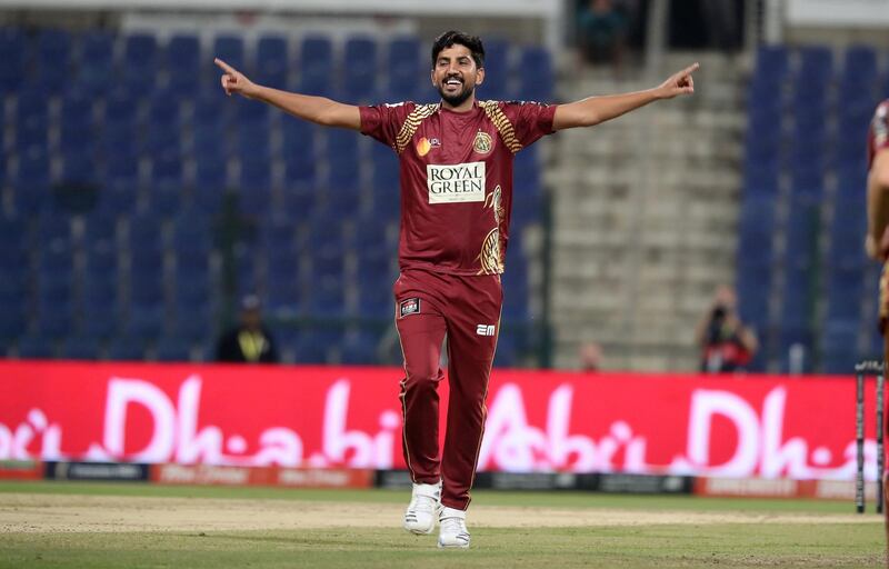 ABU DHABI , UNITED ARAB EMIRATES , Nov 20 – 2019 :-  Junaid Siddique of Northern Warriors celebrating after taking the wicket of  Colin Ingram during the Abu Dhabi T10 Cricket match between Bangla Tigers vs Northern Warriors at Sheikh Zayed Cricket Stadium in Abu Dhabi. ( Pawan Singh / The National )  For Sports. Story by Paul