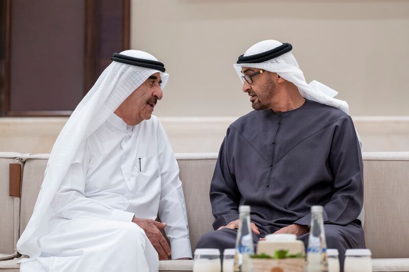 Sheikh Mohamed and Sheikh Saud exchanged Ramadan greetings and prayed for the well-being and prosperity of the UAE and its people. Abdulla Al Bedwawi / UAE Presidential Court