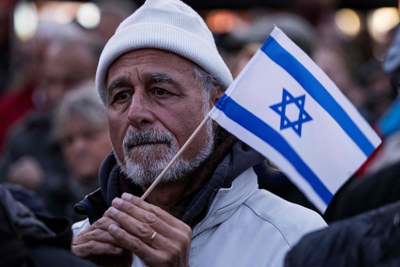 A demonstrator shows his solidarity with Israel in the Swedish capital, Stockholm. AFP