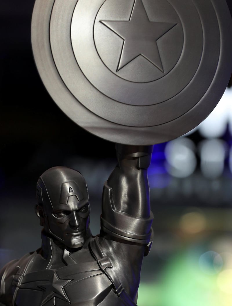 Dubai, United Arab Emirates - May 26, 2019: Photo Project. Captain America statue a replica of one in Brooklyn. Comicave is the WorldÕs largest pop culture superstore involved in the retail and distribution of high-end collectibles, pop-culture merchandise, apparels, novelty items, and likes. Thursday the 30th of May 2019. Dubai Outlet Mall, Dubai. Chris Whiteoak / The National
