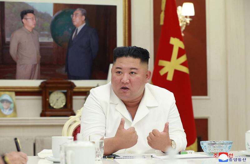 This picture taken on August 5, 2020 and released from North Korea's official Korean Central News Agency (KCNA) on August 6 shows North Korean leader Kim Jong Un speaking at the Fourth Meeting of the Executive Policy Council of the Seventh Central Committee of the Workers' Party of Korea (WPK) at the office building of the Central Committee of the WPK in Pyongyang.   -  - South Korea OUT / ---EDITORS NOTE--- RESTRICTED TO EDITORIAL USE - MANDATORY CREDIT "AFP PHOTO/KCNA VIA KNS" - NO MARKETING NO ADVERTISING CAMPAIGNS - DISTRIBUTED AS A SERVICE TO CLIENTS / THIS PICTURE WAS MADE AVAILABLE BY A THIRD PARTY. AFP CAN NOT INDEPENDENTLY VERIFY THE AUTHENTICITY, LOCATION, DATE AND CONTENT OF THIS IMAGE ---
 / AFP / KCNA VIA KNS / STR / ---EDITORS NOTE--- RESTRICTED TO EDITORIAL USE - MANDATORY CREDIT "AFP PHOTO/KCNA VIA KNS" - NO MARKETING NO ADVERTISING CAMPAIGNS - DISTRIBUTED AS A SERVICE TO CLIENTS / THIS PICTURE WAS MADE AVAILABLE BY A THIRD PARTY. AFP CAN NOT INDEPENDENTLY VERIFY THE AUTHENTICITY, LOCATION, DATE AND CONTENT OF THIS IMAGE ---
