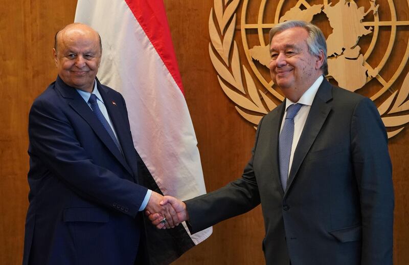 United Nations Secretary General Antonio Guterres (R) meets with Yemen's President Abd-Rabbu Mansour Hadi at the United Nations in New York on September 27, 2018. / AFP / Don EMMERT
