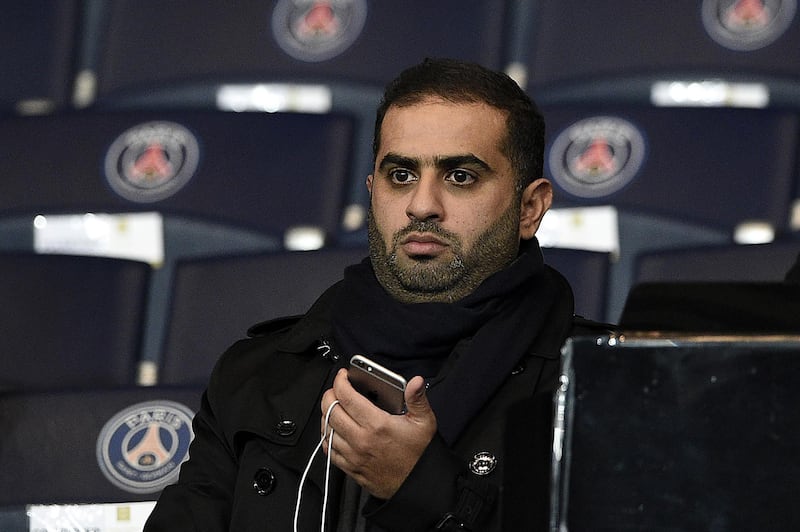 (FILES) In this file photo taken on December 8, 2015 Yousef al-Obaidly, president de BeIN Sports France, attends the UEFA Champions League group A football match between Paris-Saint-Germain (PSG) and Shakhtar Donetsk at the Parc des Princes stadium in Paris. Yousef Al-Obaidly was indicted, end of March in France, in the investigation on suspicions of corruption over the awarding to Doha of the World Athletics championships, judicial sources close to the case said to the AFP on May 21, 2019. / AFP / FRANCK FIFE
