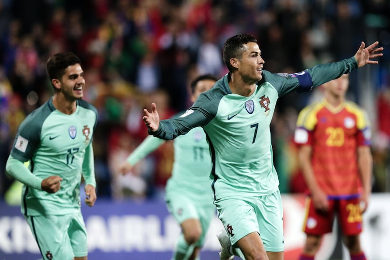 Cristiano Ronaldo celebrates after scoring the opening goal for Portugal in the 2018 World Cup qualifier against Andorra. Jose Coelho / EPA