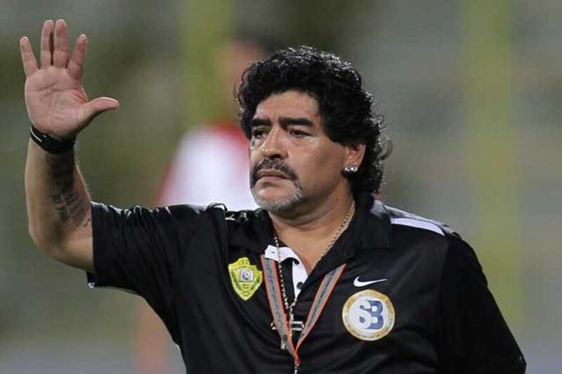 The party's over: Diego Maradona reacts during the final match against Al Muharraq Club in a Gulf Cooperation Council (GCC) Champions League. Photo: EPA / Ali Haider