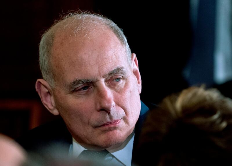 In this April 3, 2018 photo, President Donald Trump's Chief of Staff John Kelly attends a news conference in the East Room of the White House in Washington.  Kelly, once empowered to bring order to a turbulent West Wing, is receding from view, his clout diminished, his word less trusted by staff and his guidance less tolerated by an increasingly go-it-alone-president. Emboldened in his job, President Donald Trump has rebelled against Kellyâ€™s restrictions and mused about doing away with the chief of staff post entirely, leaving White House staffers and Trump allies to believe that Kelly is working on borrowed time.  (AP Photo/Andrew Harnik)