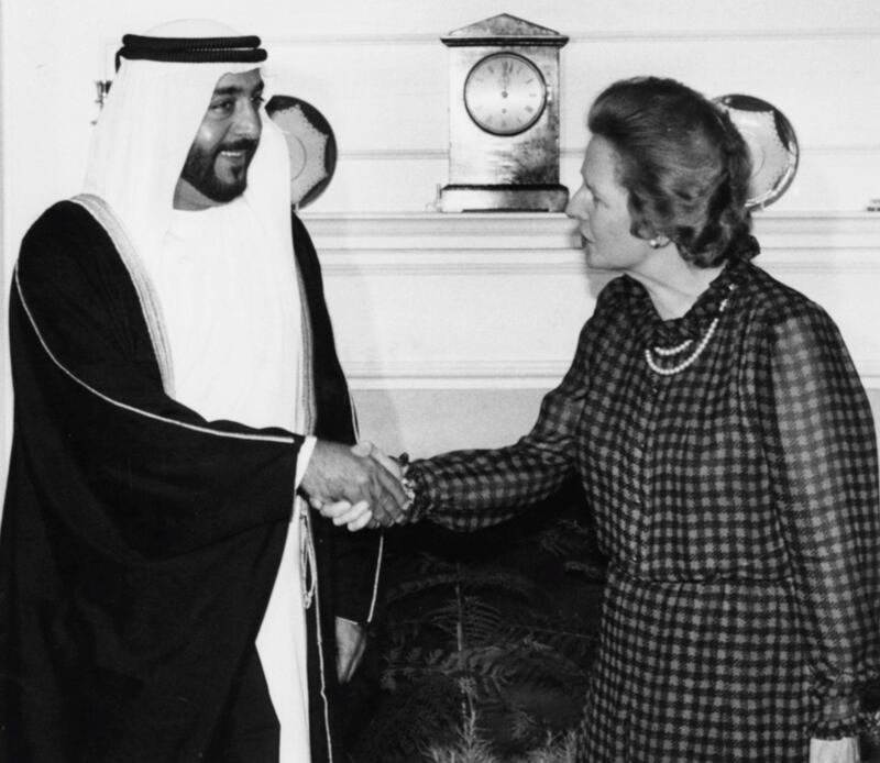British Prime Minster Margaret Thatcher shaking hands with Crown Prince Sheikh Khalifa of Abu Dhabi at 10 Downing Street, London, July 18th 1984. (Photo by Keystone/Hulton Archive/Getty Images)