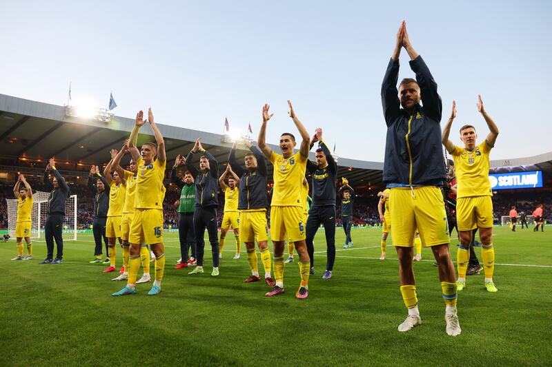 Ukraine players applaud their fans after their 3-1 win against Scotland in the World Cup qualifier at Hampden Park in Glasgow, Scotland. Getty