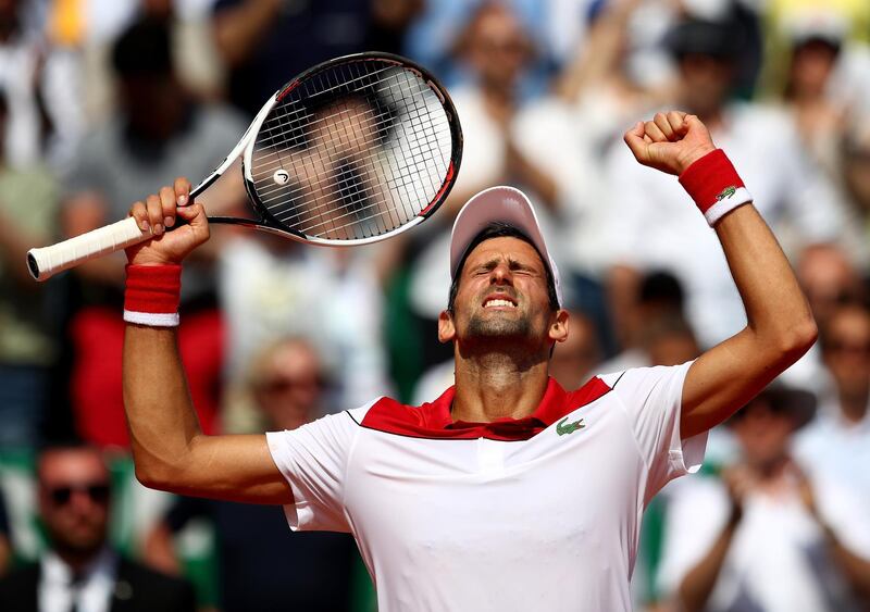 MONTE-CARLO, MONACO - APRIL 18:  Novak Djokovic of Serbia celebrates victory in his Mens Singles match against Borna Coric of Croatia at Monte-Carlo Sporting Club on April 18, 2018 in Monte-Carlo, Monaco.  (Photo by Julian Finney/Getty Images)