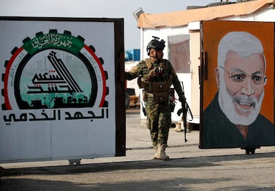 The headquarters of Iraq's Popular Mobilisation Forces in January. Tensions between Iranian-backed militias and western forces inside Iraq have peaked. AFP