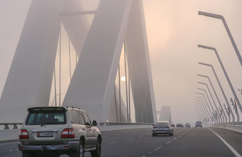 Abu Dhabi, United Arab Emirates, September 22, 2020.  The Sheikh Zayed Bridge on a foggy Tuesday morning.
Victor Besa/The National
Section:  Standalone/Weather