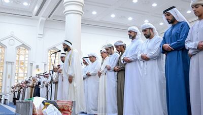 Funeral prayers are observed for Khalifa Al Balushi at the Sheikh Zayed Mosque in Ajman. Wam